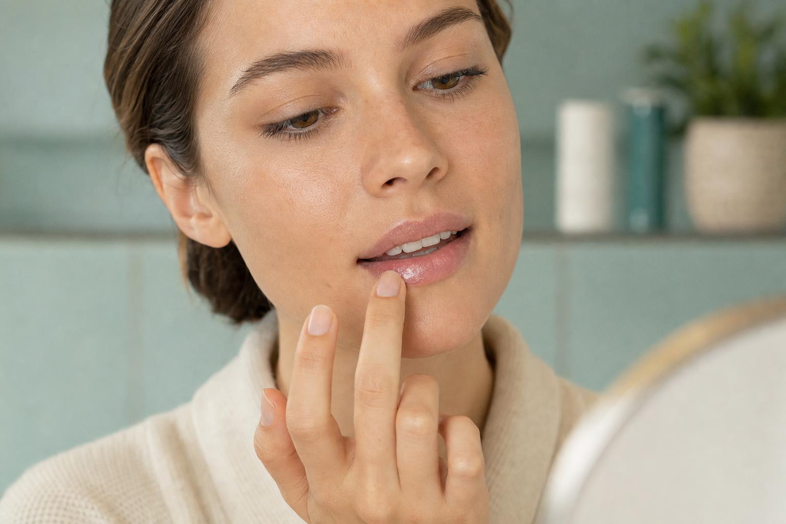 A person applying clear lip cream to their lower lip with a fingertip