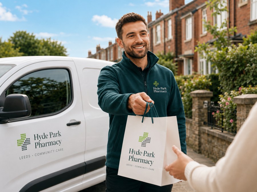 A Hyde Park Pharmacy driver in branded fleece, smiling and handing a branded paper bag to a patient, with our Hyde Park Pharmacy van and Leeds terraced houses behind — free same-day NHS prescription delivery in Leeds