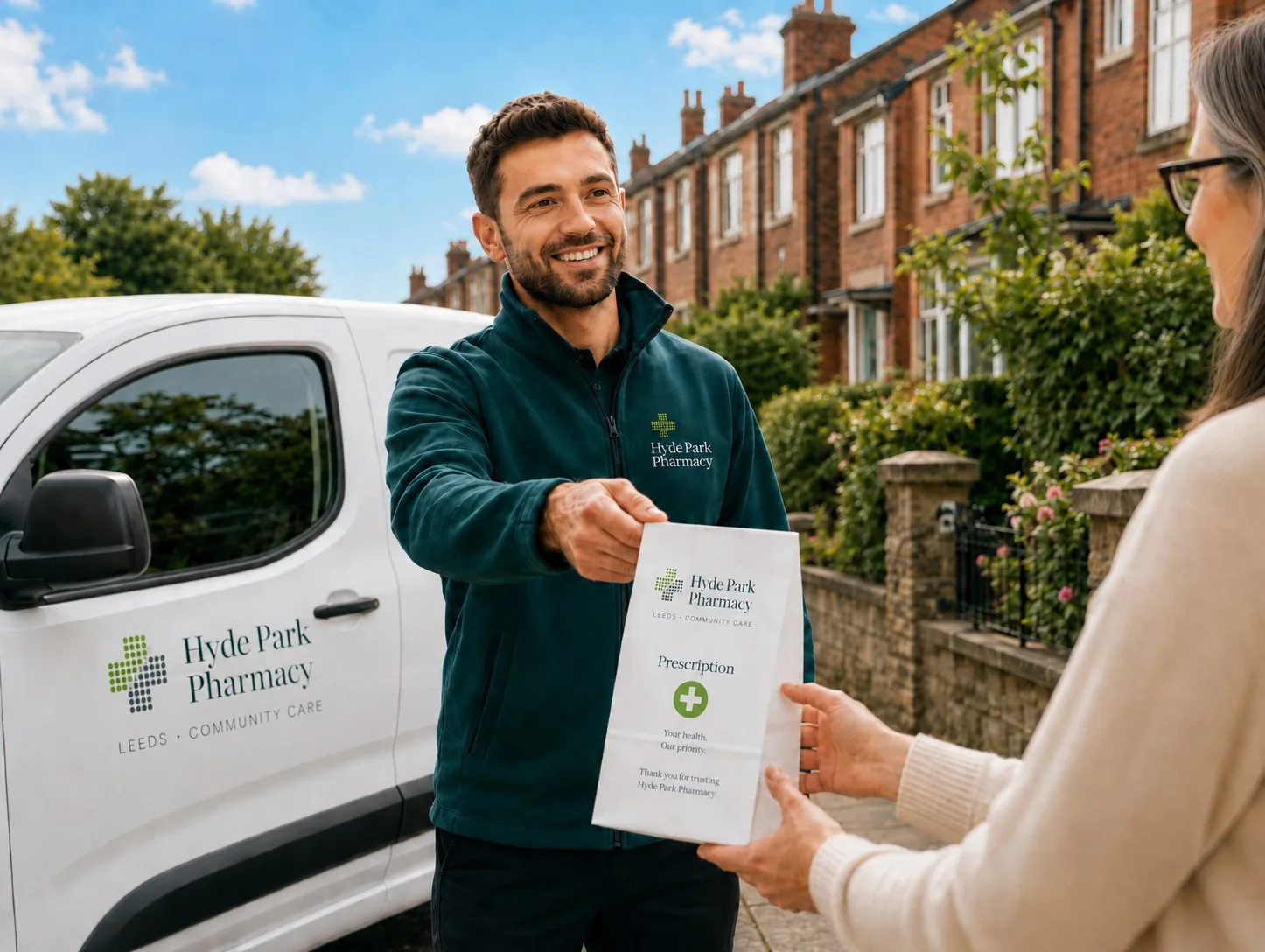 A smiling Hyde Park Pharmacy delivery driver in branded teal fleece handing a Hyde Park Pharmacy prescription bag to a patient at her door, with the branded white van and Leeds terraced houses behind — free same-day NHS prescription delivery in Leeds