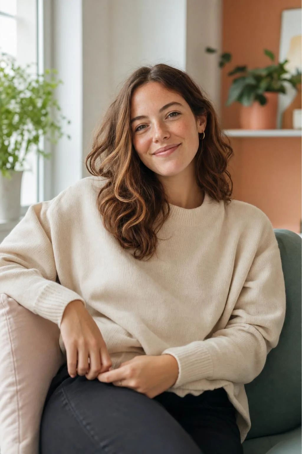 A relaxed young woman smiling warmly at home — reassuring, private NHS contraception care from Hyde Park Pharmacy in Leeds