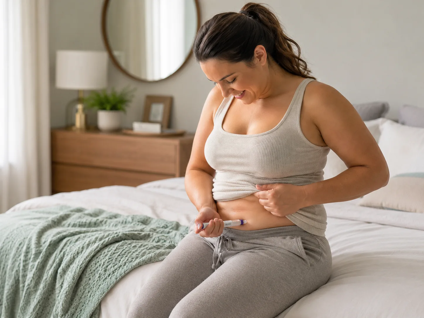 A woman self-administering her weight-loss injection at home — Hyde Park Pharmacy, Leeds