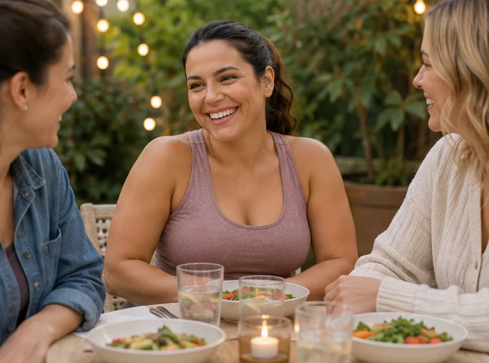 Three friends sharing a relaxed, healthy meal outdoors — eating well and socially while on a weight-management journey.