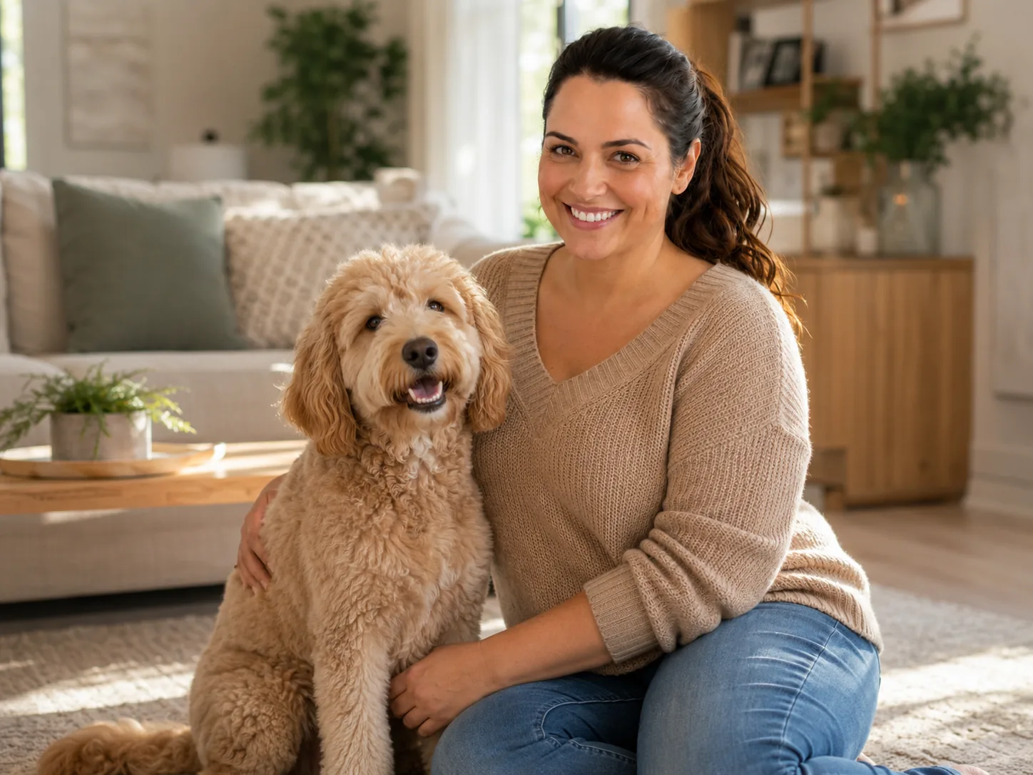 A woman relaxed at home with her dog, supported on her Wegovy weight-loss journey — Hyde Park Pharmacy Leeds