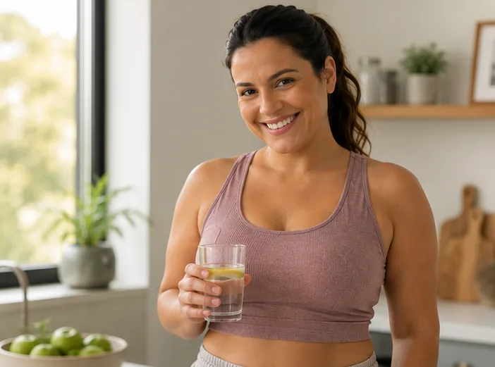 A woman in her kitchen holding a glass of water, smiling — staying hydrated is one of the simple home habits that helps ease the common digestive side effects of weight-loss injections.