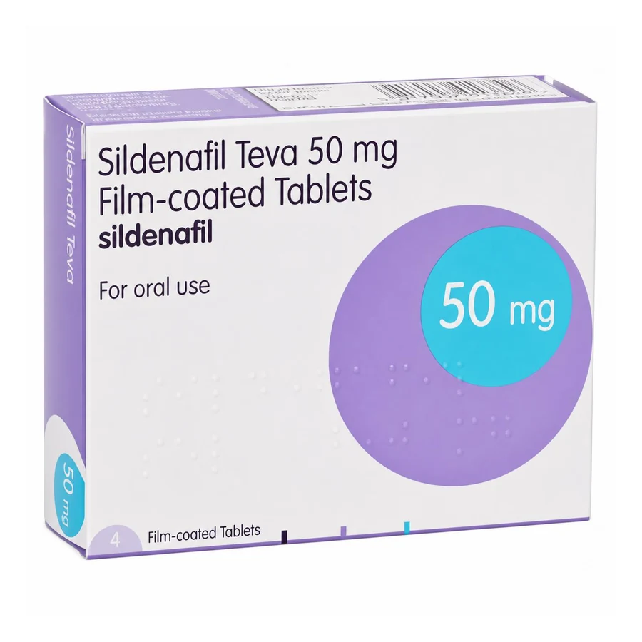 Generic sildenafil 50 mg film-coated tablets — box and blister