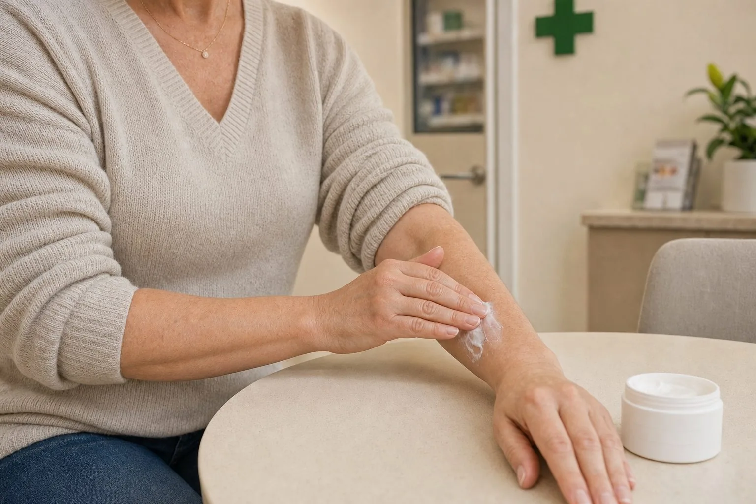 Close-up of a woman smoothing a plain emollient cream down her dry forearm in gentle downward strokes