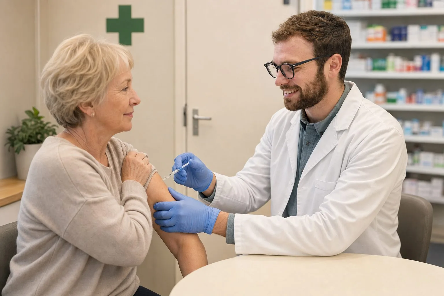Our pharmacist giving a customer a flu jab in the upper arm in the consultation room