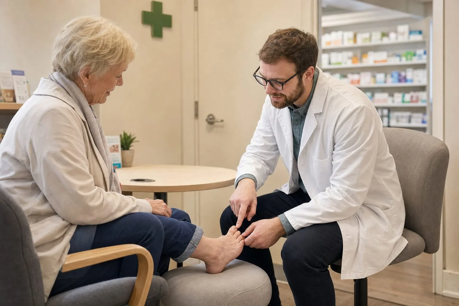 Our pharmacist looking at a customer's slightly thickened, yellowed big toenail in the consultation room