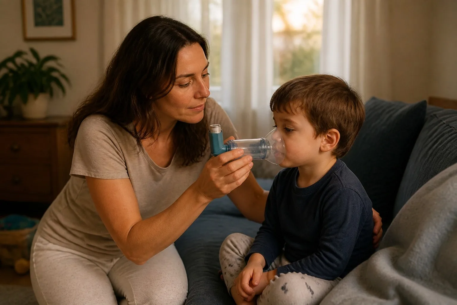 A parent helping a young child use an inhaler with a spacer at home