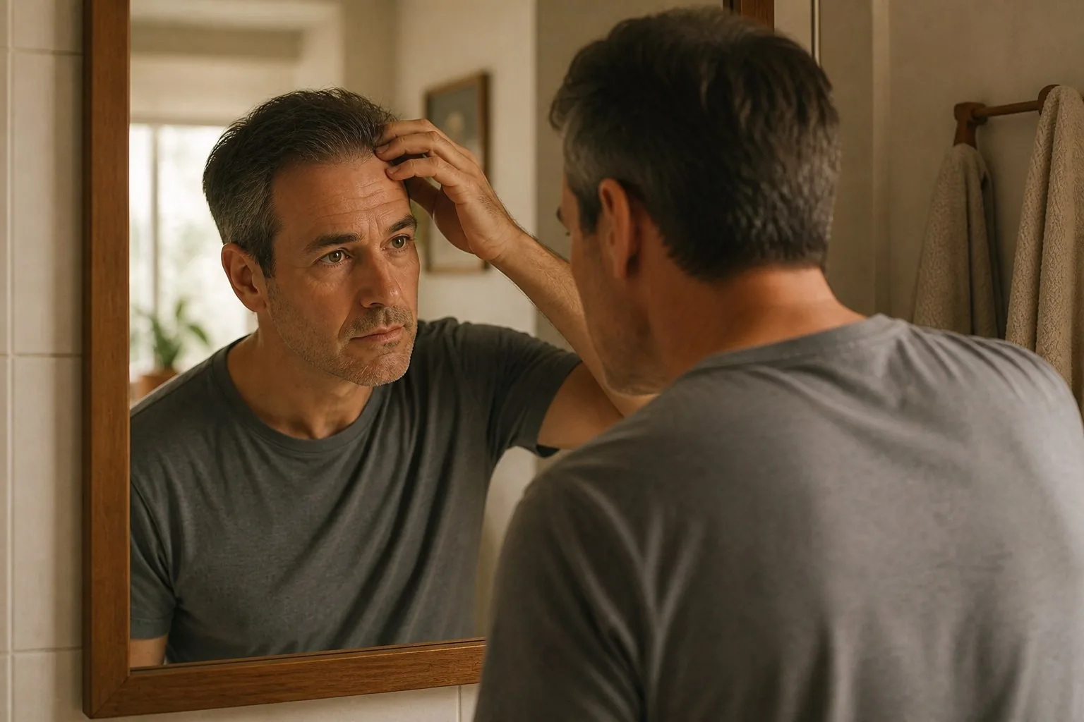 A man with greying dark hair checking his hairline in a bathroom mirror