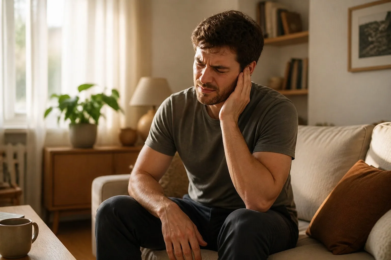A man pressing a hand to his painful ear at home
