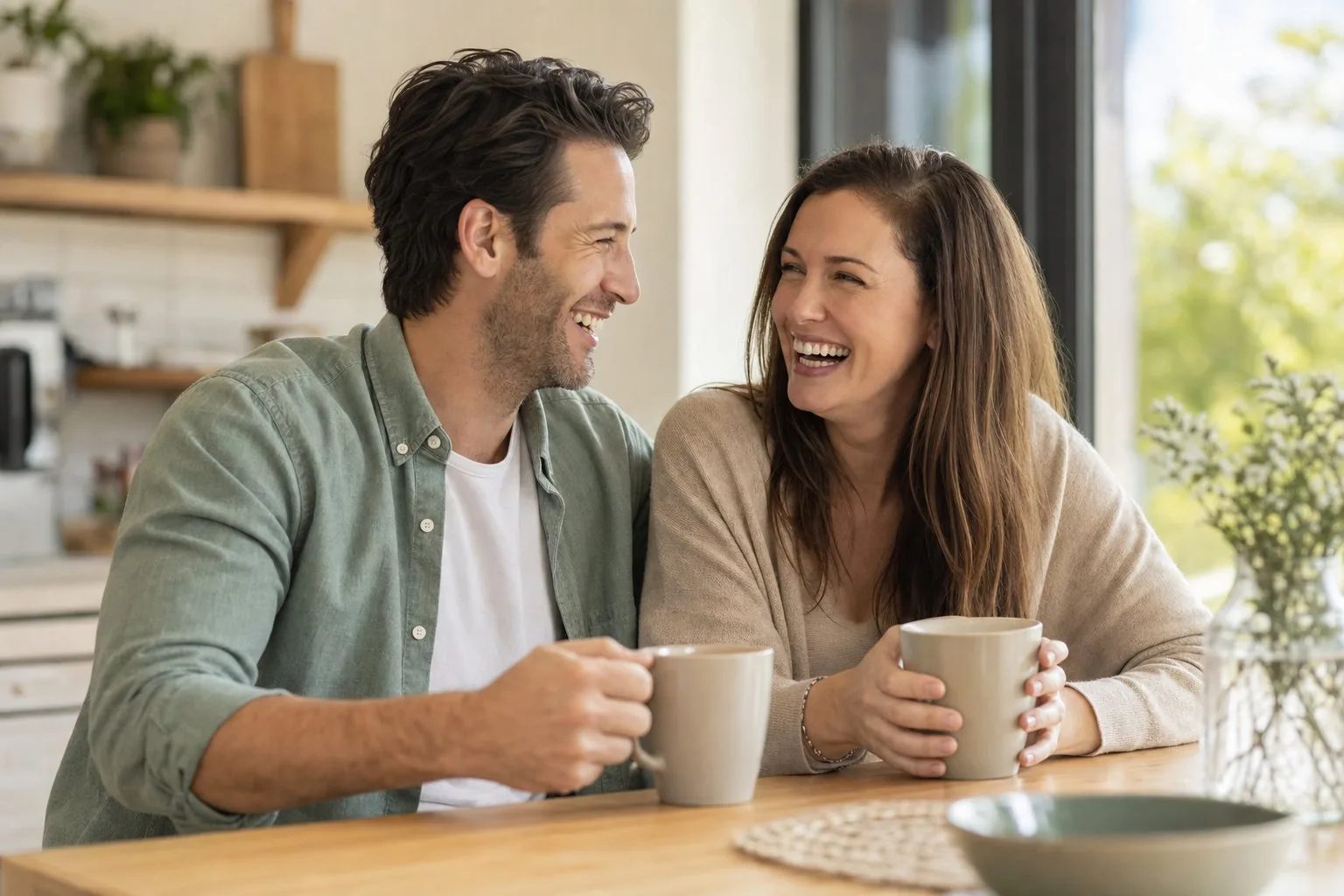 A couple in their 40s laughing together over coffee at their kitchen table in warm morning light