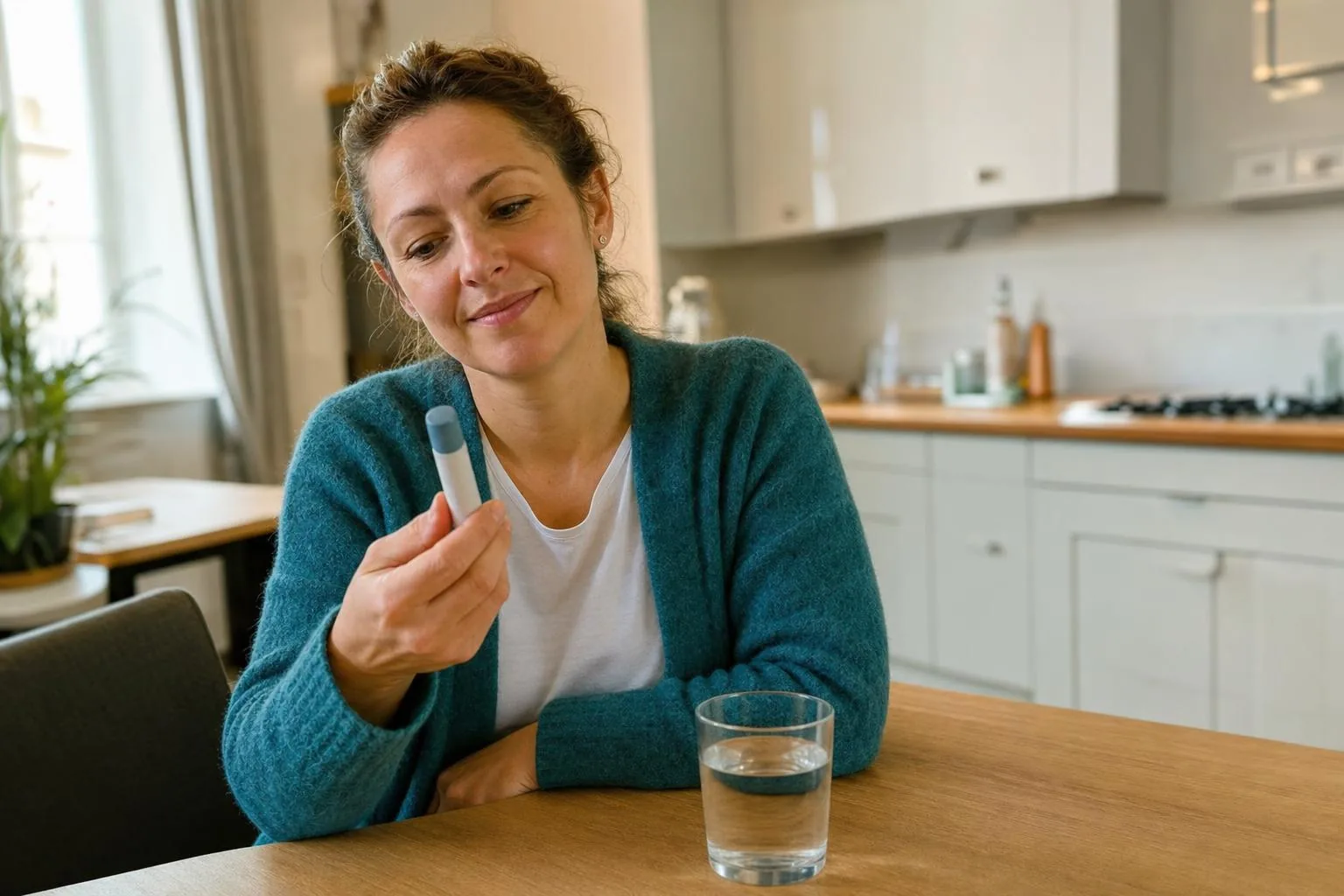 A person at home holding a weekly injection pen, considering their next dose