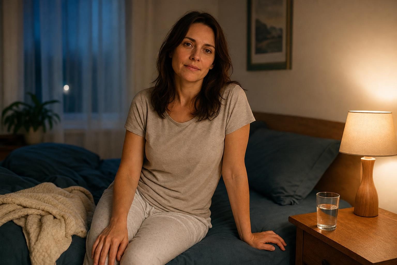 A woman sitting on the edge of her bed late at night by a warm lamp, unable to sleep