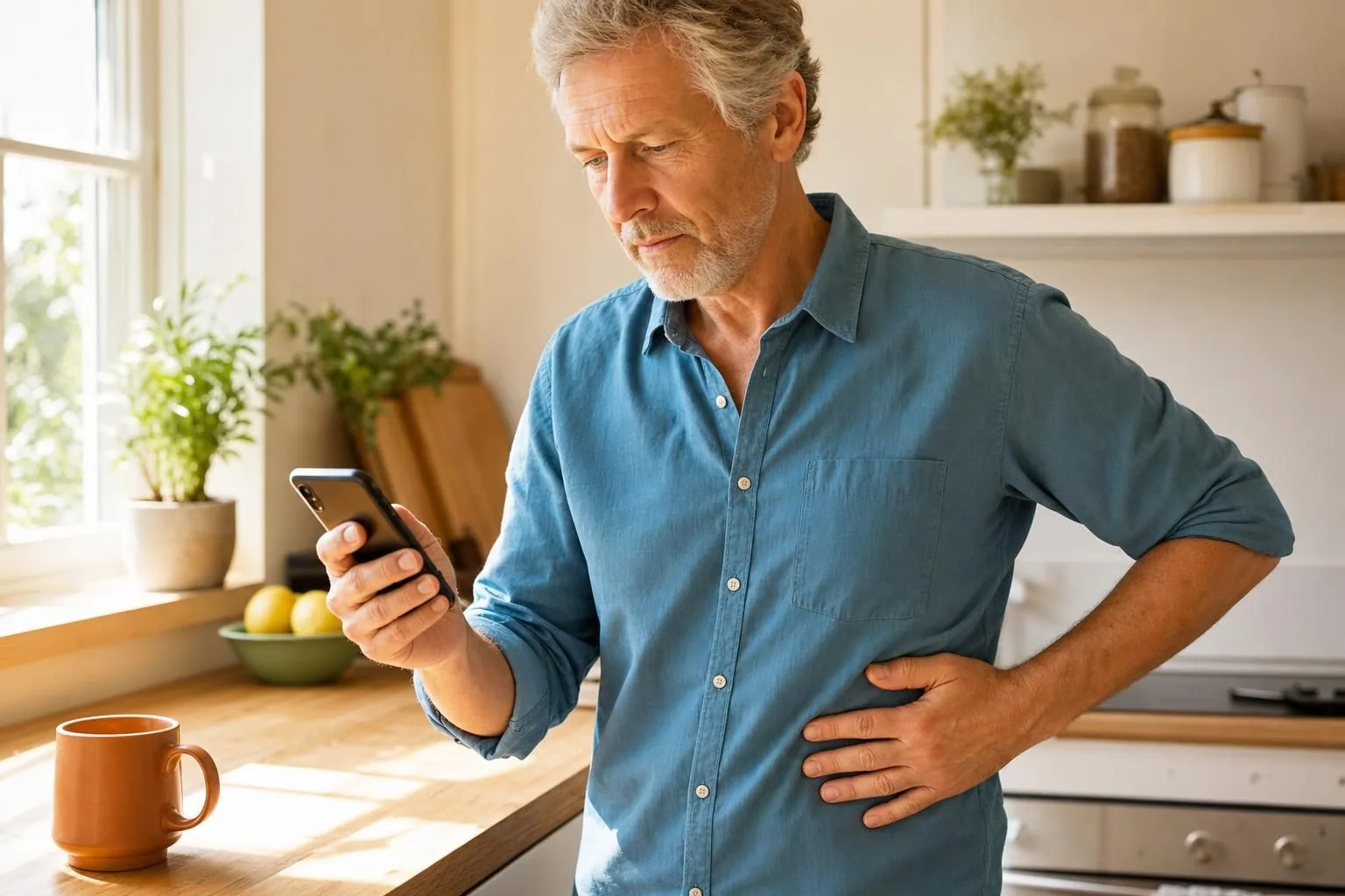 A man at home holding his phone with one hand pressed to a band of soreness on one side of his torso, about to get his symptoms checked