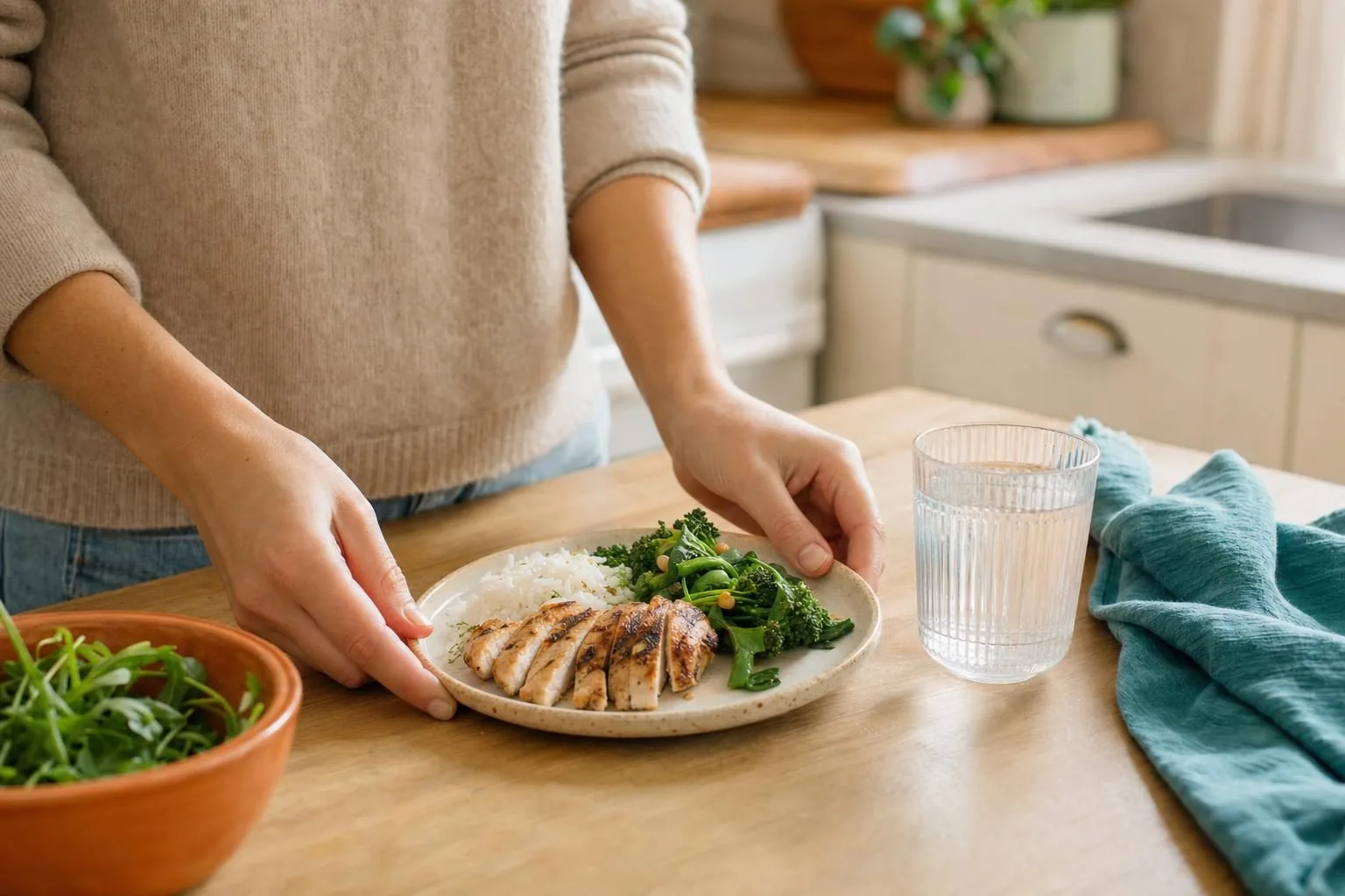 A small balanced plate of chicken, greens and rice being prepared at a kitchen counter