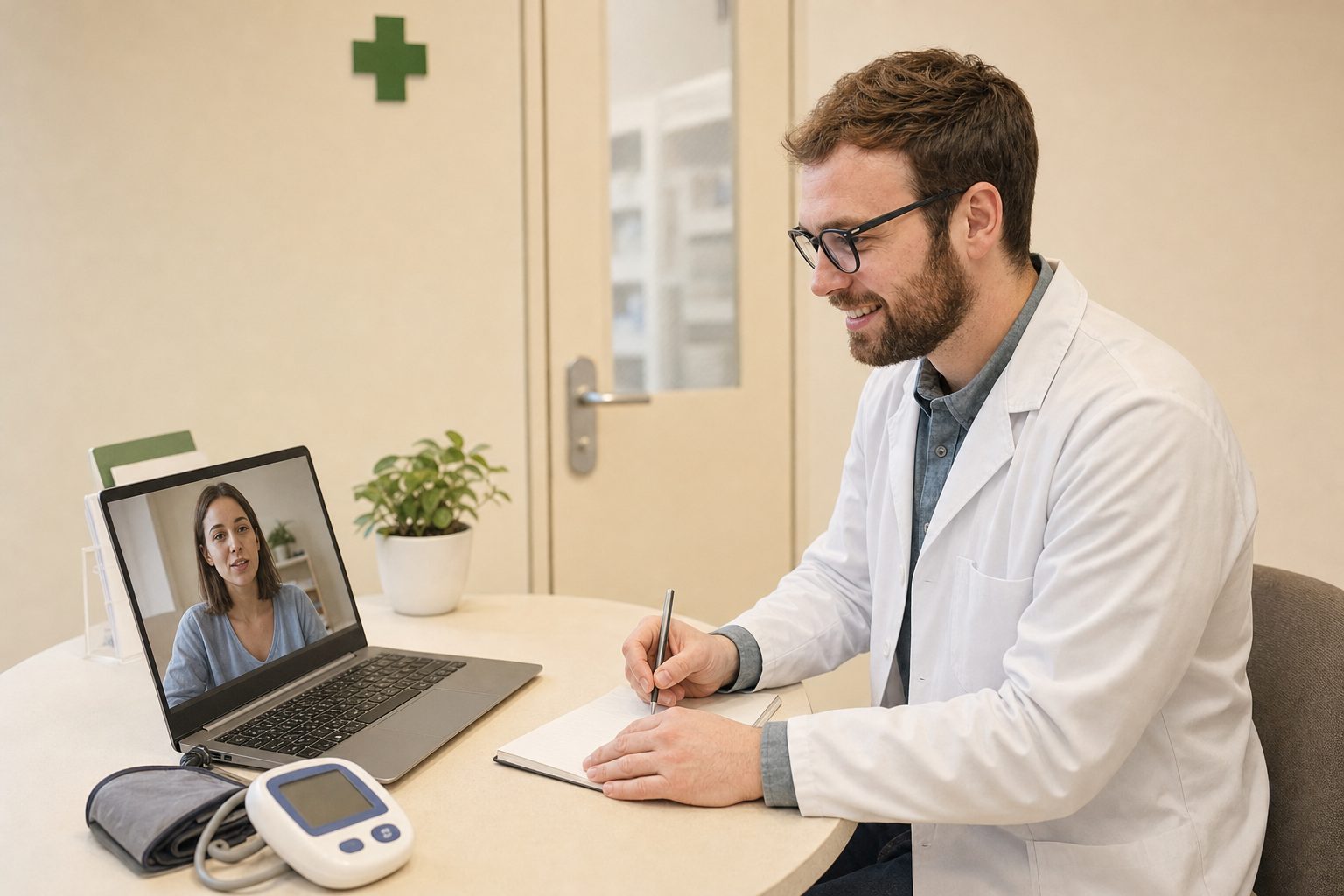 Pharmacist holding a private video consultation in the pharmacy's consultation room