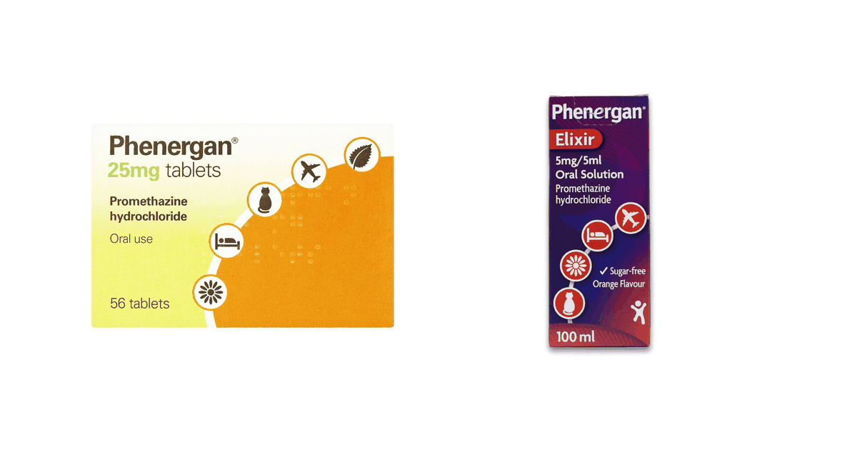 Phenergan 25mg tablets carton beside the Phenergan Elixir 5mg/5ml oral solution carton