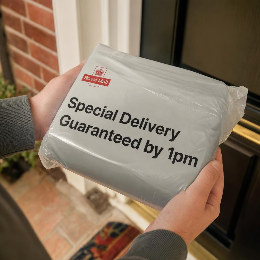 Royal Mail Special Delivery bag being delivered to a front door