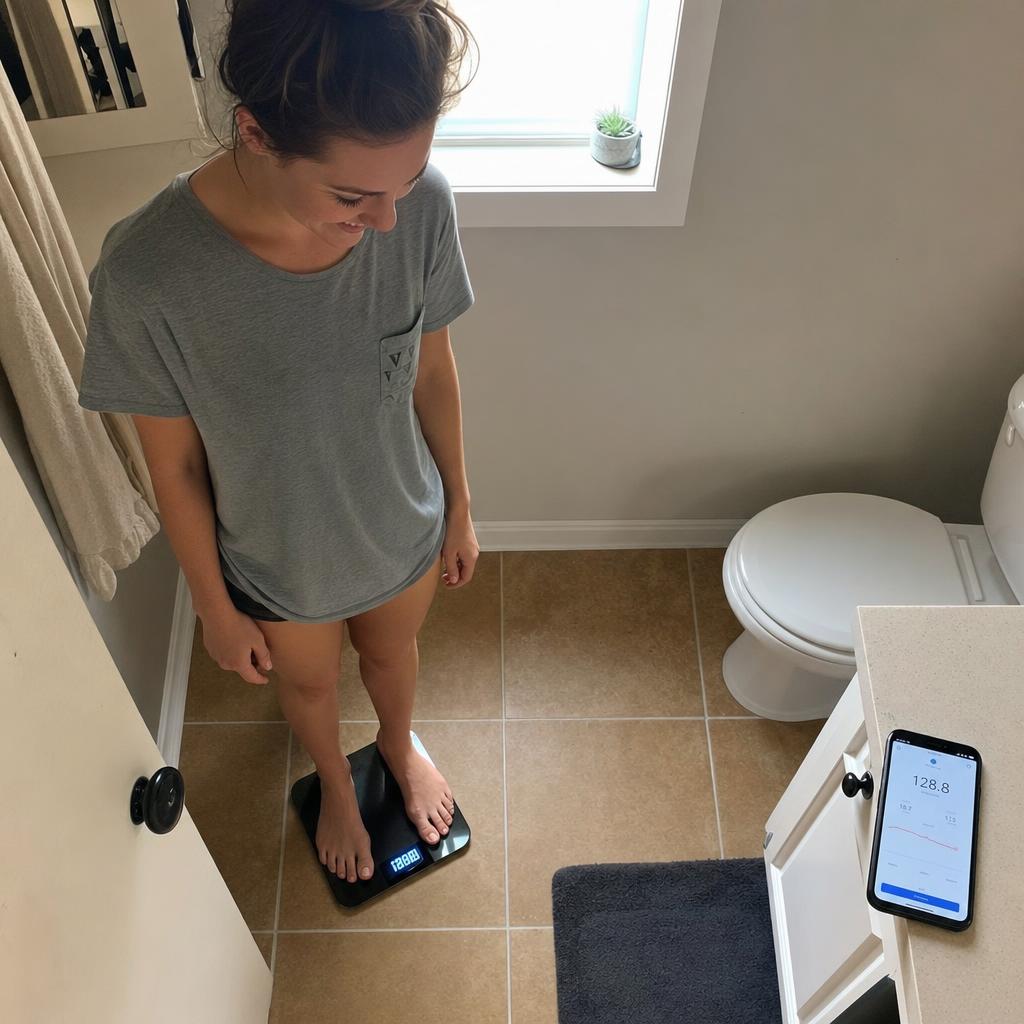 Person checking their progress on bathroom scales with a tracking app