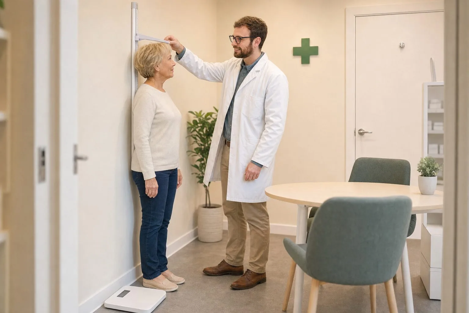 Our pharmacist measuring a customer's height in the consultation room before a weight check