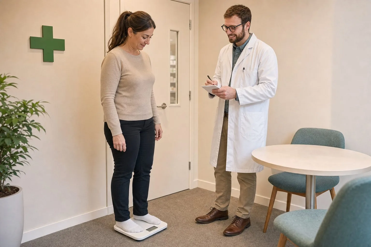 Our pharmacist checking a customer's weight on plain scales in the consultation room