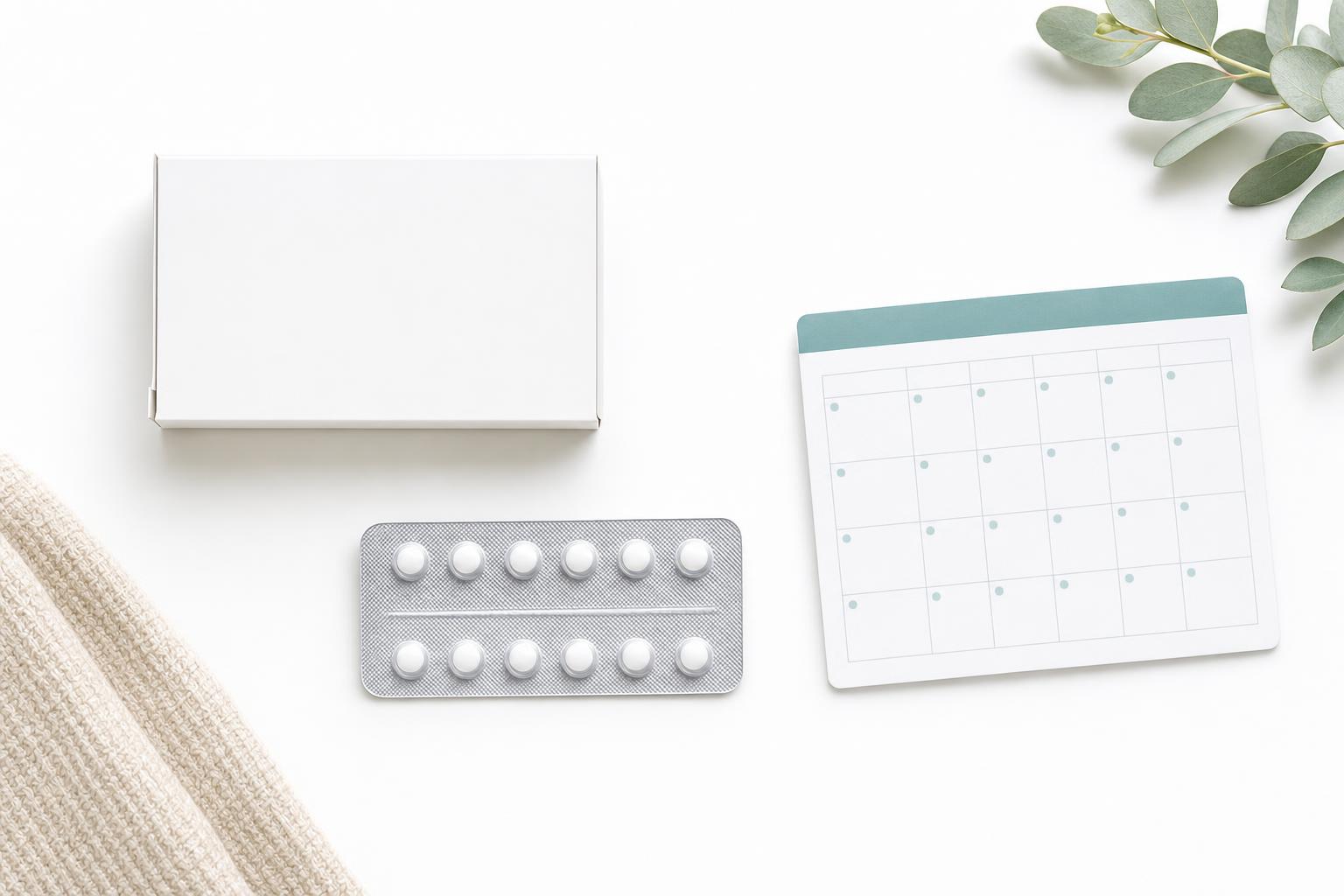 A blister strip of tablets beside a plain box and a monthly calendar