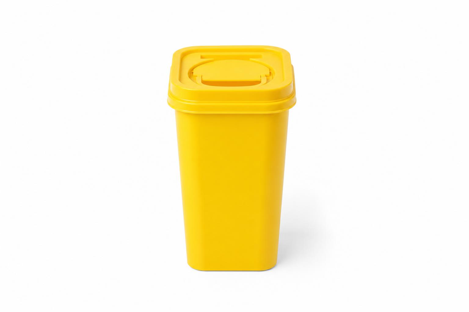 A sealed yellow clinical sharps disposal container