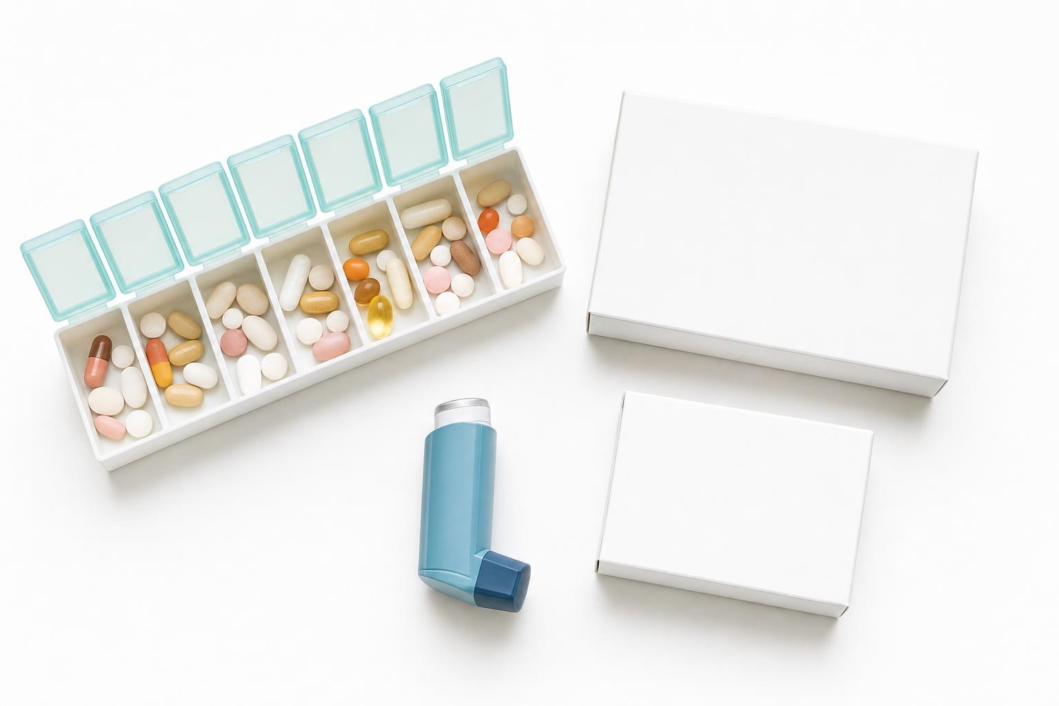 A weekly pill organiser, medicine boxes and an inhaler