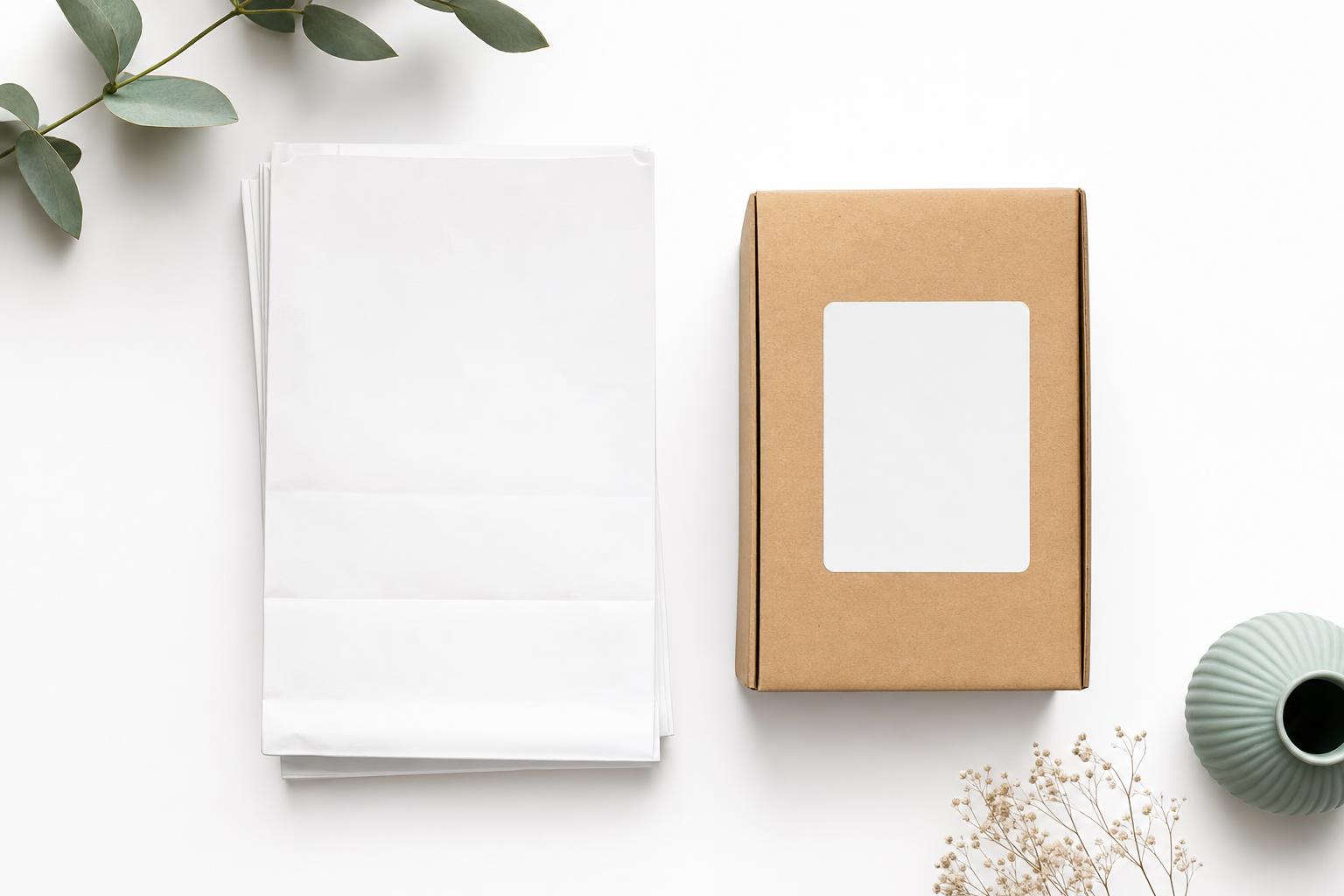 White pharmacy dispensing bags beside a parcel ready for home delivery
