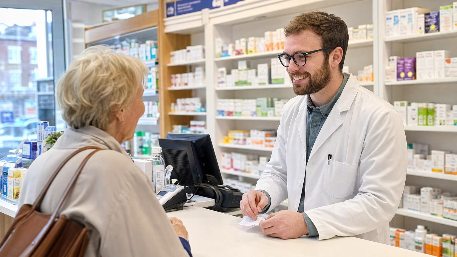 Pharmacist helping a patient at Hyde Park Pharmacy's NHS dispensing counter in Leeds