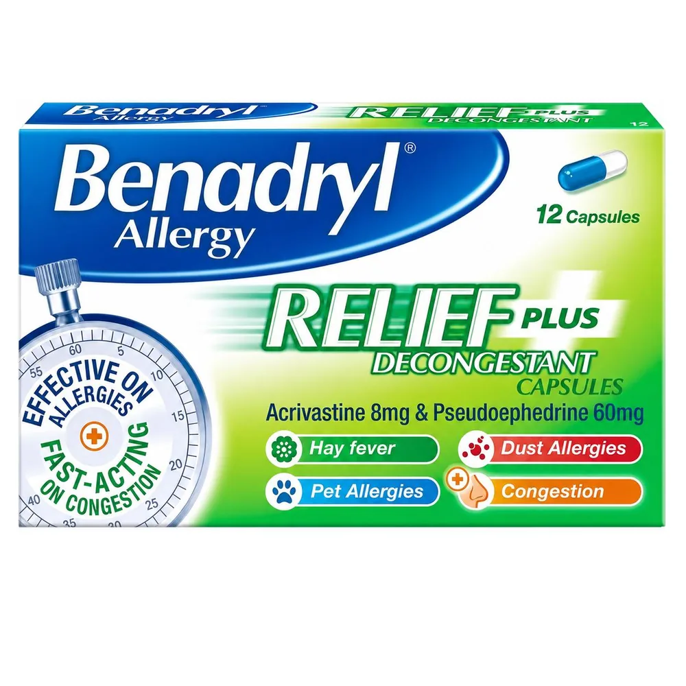Benadryl Allergy Relief Plus Decongestant Capsules 12